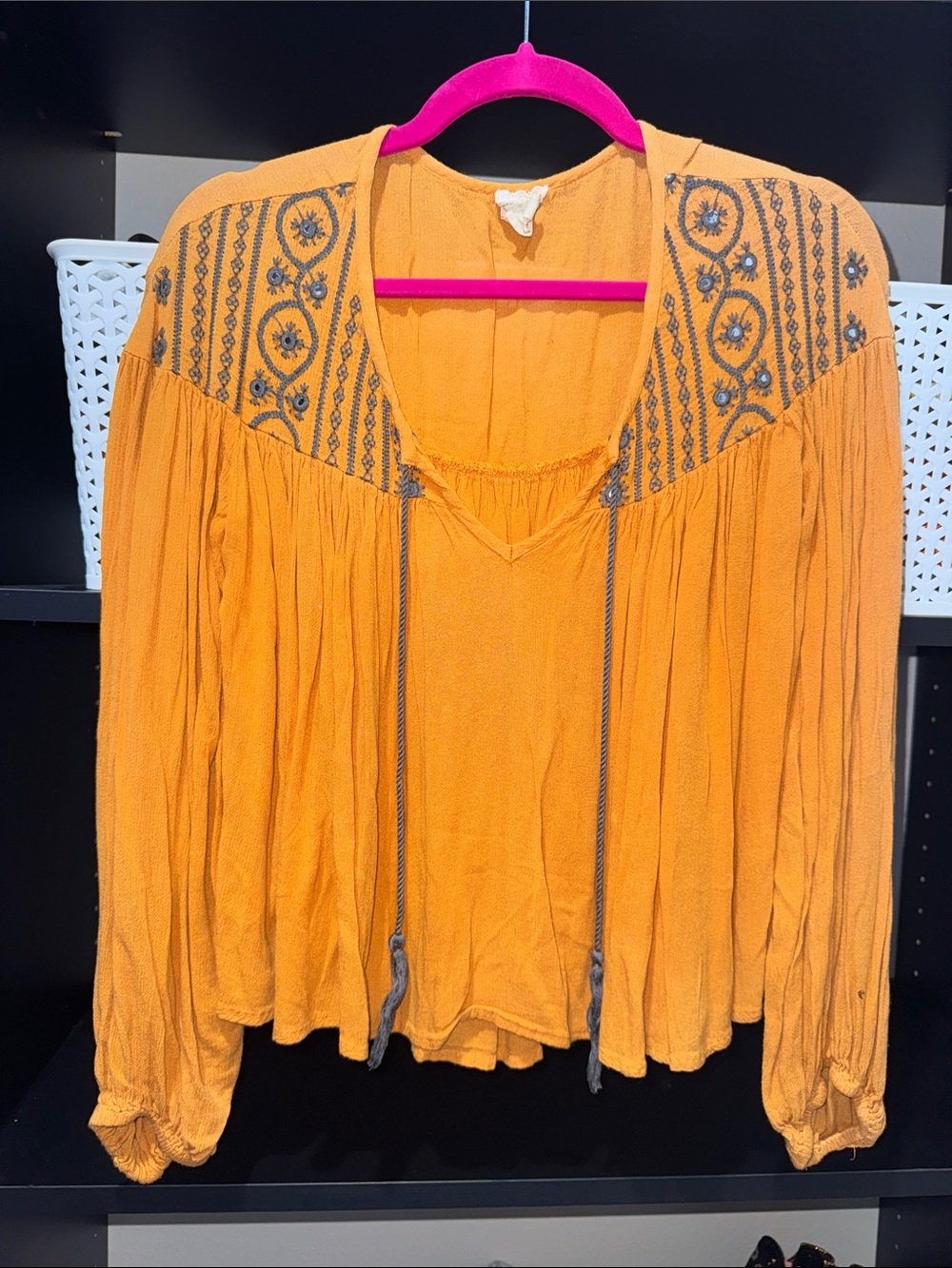 Embroidered Boho Peasant Top - Mustard Yellow